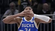 Nov 23, 2024; Milwaukee, Wisconsin, USA; Milwaukee Bucks forward Giannis Antetokounmpo (34) celebrates making a basket after being fouled against the Charlotte Hornets in the second half at Fiserv Forum. Mandatory Credit: Michael McLoone-Imagn Images