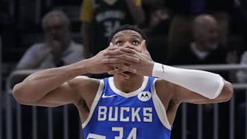 Nov 23, 2024; Milwaukee, Wisconsin, USA; Milwaukee Bucks forward Giannis Antetokounmpo (34) celebrates making a basket after being fouled against the Charlotte Hornets in the second half at Fiserv Forum. Mandatory Credit: Michael McLoone-Imagn Images
