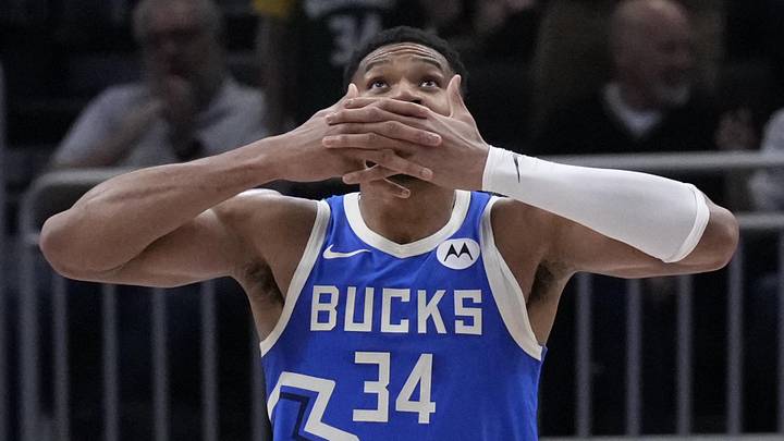 Nov 23, 2024; Milwaukee, Wisconsin, USA; Milwaukee Bucks forward Giannis Antetokounmpo (34) celebrates making a basket after being fouled against the Charlotte Hornets in the second half at Fiserv Forum. Mandatory Credit: Michael McLoone-Imagn Images