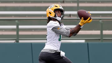 Green Bay Packers wide receiver Sam Brown Jr. (17) catches a pass during the team's first day of minicamp on June 10, 2025, at Ray Nitschke Field in Ashwaubenon, Wis.