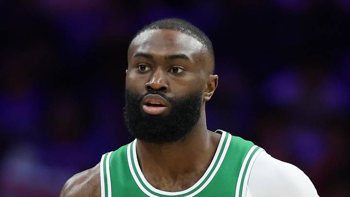Apr 30, 2026; Philadelphia, Pennsylvania, USA; Boston Celtics guard Jaylen Brown (7) dribbles the ball against the Philadelphia 76ers during the first quarter at Xfinity Mobile Arena. Mandatory Credit: Bill Streicher-Imagn Images
