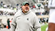 Michigan State offensive line coach Jim Michalczik works with players during the Spring Showcase on Saturday, April 20, 2024, at Spartan Stadium in East Lansing.