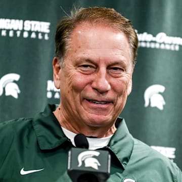 Michigan State's head coach Tom Izzo smiles while speaking to reporters during basketball media day Wednesday, Oct. 20, 2021, at the Breslin Center in East Lansing.

211020 Msu Bball Media Day 023a