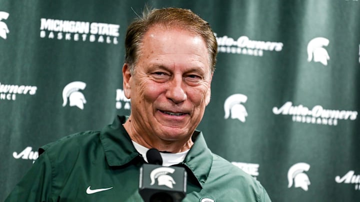 Michigan State's head coach Tom Izzo smiles while speaking to reporters during basketball media day Wednesday, Oct. 20, 2021, at the Breslin Center in East Lansing.

211020 Msu Bball Media Day 023a