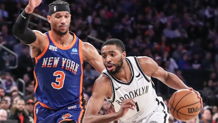 Mar 23, 2024; New York, New York, USA;  Brooklyn Nets forward Mikal Bridges (1) drives past New York