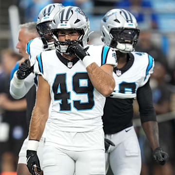 Aug 2, 2025; Charlottle, NC, USA; Carolina Panthers linebacker Jon Rhattigan (49) during Fanfest at Bank of America Stadium. Mandatory Credit: Jim Dedmon-Imagn Images