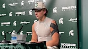 Michigan State quarterback Alessio Milivojevic speaks to the media following a 28-10 loss to Penn State on Saturday, Nov. 15, 2025.