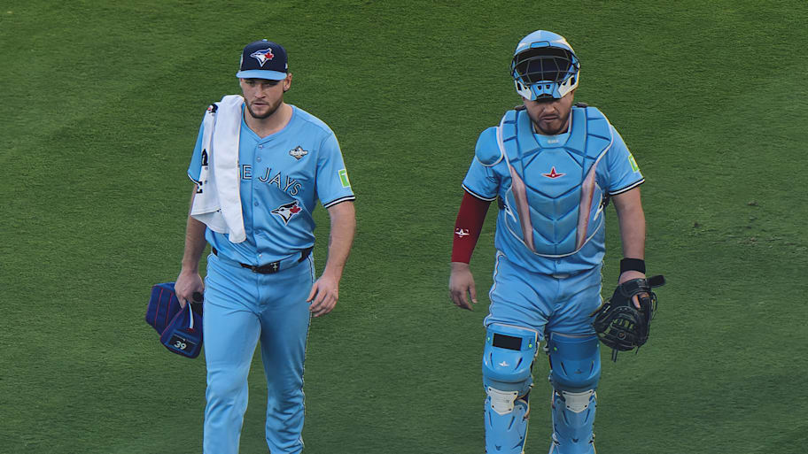 Pitcher Trey Yesavage and Blue Jays catcher Alejandro Kirk