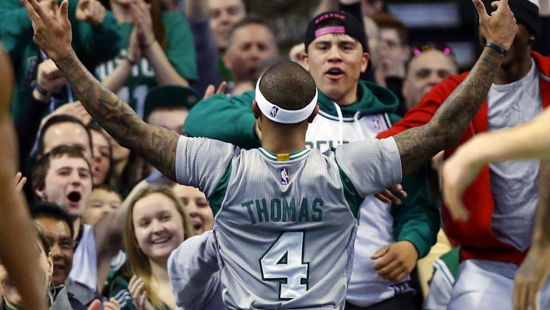 Feb 7, 2016; Boston, MA, USA; The crowd reacts to Boston Celtics guard Isaiah Thomas (4) after he makes a shot against the Sacramento Kings during the first half at TD Garden. Mandatory Credit: Winslow Townson-Imagn Images