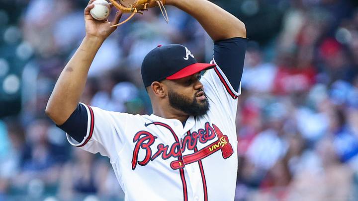 Jul 6, 2026; Cumberland, Georgia, USA; Atlanta Braves pitcher Reynaldo López (40) stretches before pitching the ball against the New York Mets during the first inning at Truist Park. Mandatory Credit: Jordan Godfree-Imagn Images