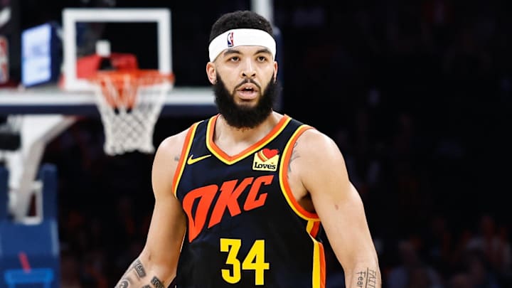 Apr 14, 2024; Oklahoma City, Oklahoma, USA; Oklahoma City Thunder forward Kenrich Williams (34) dribbles the ball down the court against the Dallas Mavericks during the second half at Paycom Center. Mandatory Credit: Alonzo Adams-Imagn Images