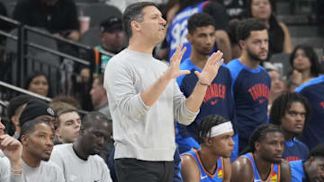 Oct 7, 2024; San Antonio, Texas, USA; Oklahoma City Thunder head coach Mark Daigneault signals to players during the first half against the San Antonio Spurs at Frost Bank Center. Mandatory Credit: Scott Wachter-Imagn Images