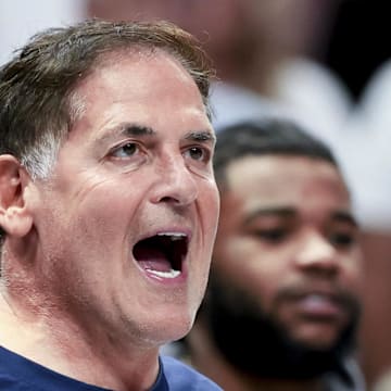 Mar 16, 2025; Dallas, Texas, USA;  Mark Cuban reacts against the Philadelphia 76ers during the second half at American Airlines Center. Mandatory Credit: Kevin Jairaj-Imagn Images