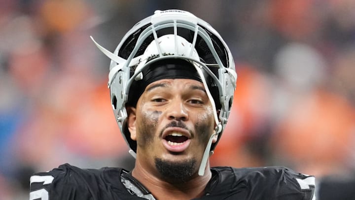 Dec 7, 2025; Paradise, Nevada, USA;  Las Vegas Raiders guard Caleb Rogers (76) leaves the field following a game against the Denver Broncos at Allegiant Stadium. Mandatory Credit: Stephen R. Sylvanie-Imagn Images