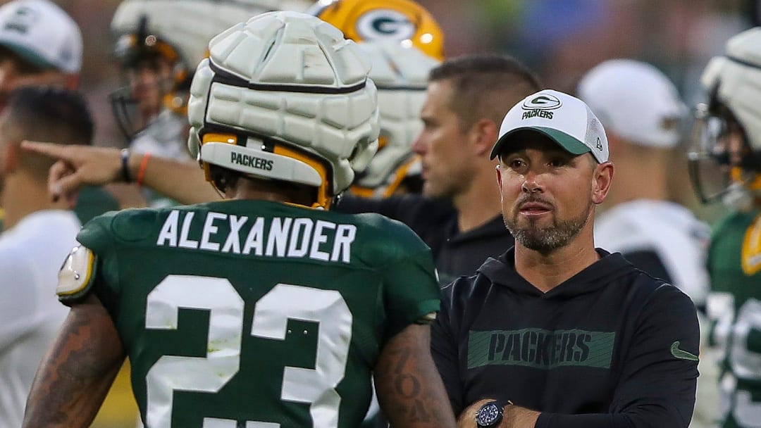 Green Bay Packers head coach Matt La Fleur talks with cornerback Jaire Alexander (23) during Family Night on Saturday, August 3, 2024, at Lambeau Field in Green Bay, Wis. 
Tork Mason/USA TODAY NETWORK-Wisconsin