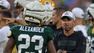 Green Bay Packers head coach Matt La Fleur talks with cornerback Jaire Alexander (23) during Family Night on Saturday, August 3, 2024, at Lambeau Field in Green Bay, Wis. 
Tork Mason/USA TODAY NETWORK-Wisconsin
