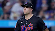 Aug 15, 2025; New York City, New York, USA; New York Mets relief pitcher Ryan Helsley (56) reacts after being taken out of the game against the Seattle Mariners during the seventh inning at Citi Field. Mandatory Credit: Brad Penner-Imagn Images