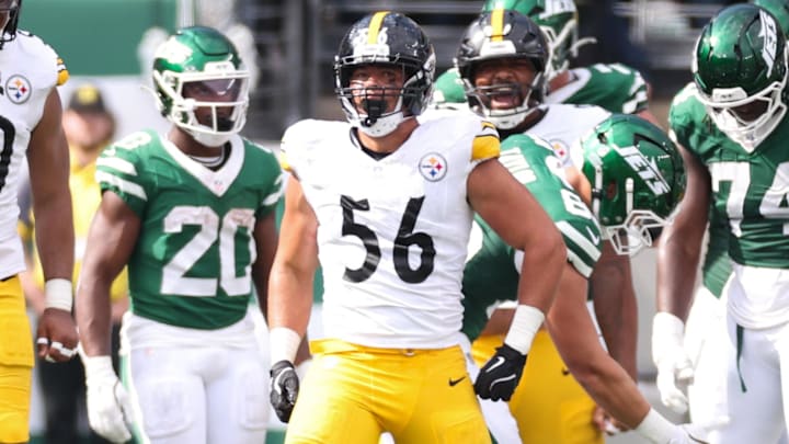 Sep 7, 2025; East Rutherford, New Jersey, USA; Pittsburgh Steelers linebacker Alex Highsmith (56) reacts to a defensive play during the second half against the New York Jets at MetLife Stadium. Mandatory Credit: Wendell Cruz-Imagn Images Sep 7, 2025; East Rutherford, New Jersey, USA; Pittsburgh Steelers linebacker Alex Highsmith (56) reacts to a defensive play during the second half against the New York Jets at MetLife Stadium. Mandatory Credit: Wendell Cruz-Imagn Images
