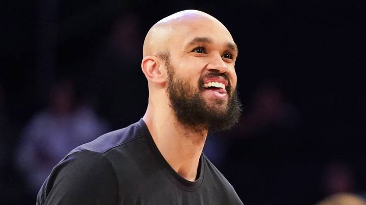 Apr 9, 2026; New York, New York, USA; Boston Celtics guard Derrick White (9) smiles as he warms up before the game against the New York Knicks at Madison Square Garden. Mandatory Credit: Lucas Boland-Imagn Images