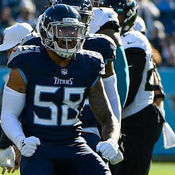 Dec 12, 2021; Nashville, Tennessee, USA;  Tennessee Titans linebacker Harold Landry (58) celebrates the sack against the Jacksonville Jaguars during first half at Nissan Stadium. Mandatory Credit: Steve Roberts-Imagn Images