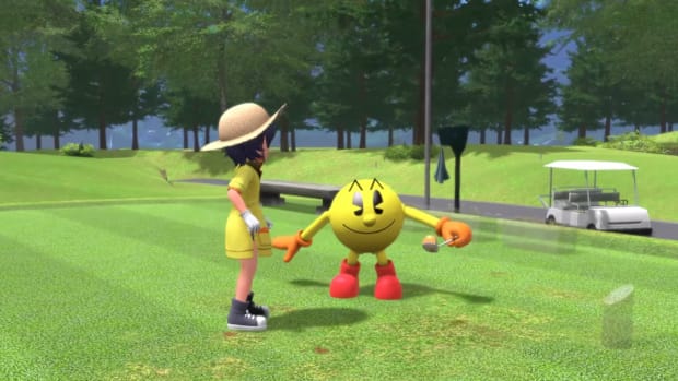 Pac-Man grabbing a golf club from a woman in Everybody's Golf Hot Shots.