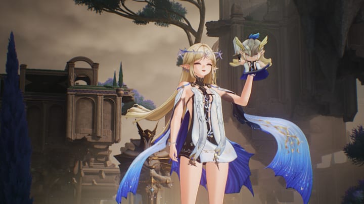 Wuthering Waves screenshot of Cartethiya holding a plushie.