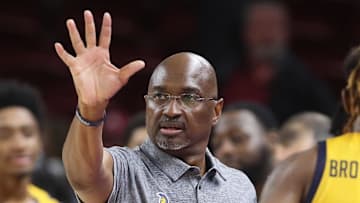 Nov 17, 2023; Fayetteville, Arkansas, USA; UNC Greensboro Spartans head coach Mike Jones late in the second half against the Arkansas Razorbacks at Bud Walton Arena. Spartans won 78-72. Mandatory Credit: Nelson Chenault-Imagn Images