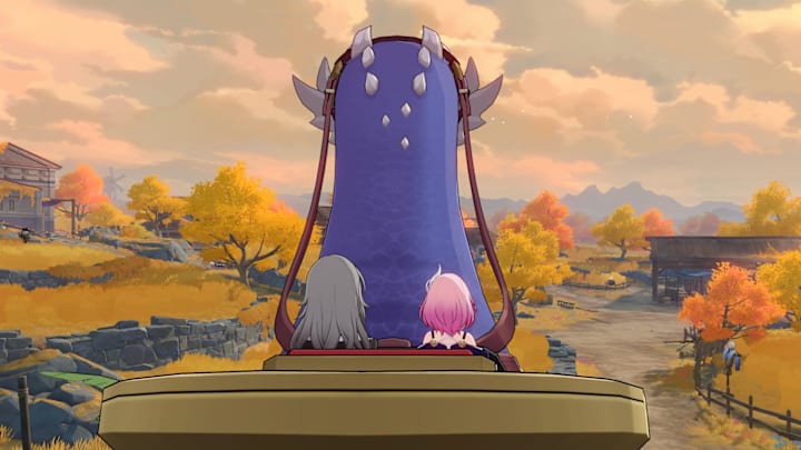 Honkai: Star Rail screenshot of Trailblazer and Cyrene riding on a Dromas.