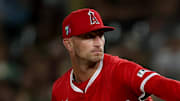 Los Angeles Angels pitcher Connor Brogdon throws a pitch against the Athletics.