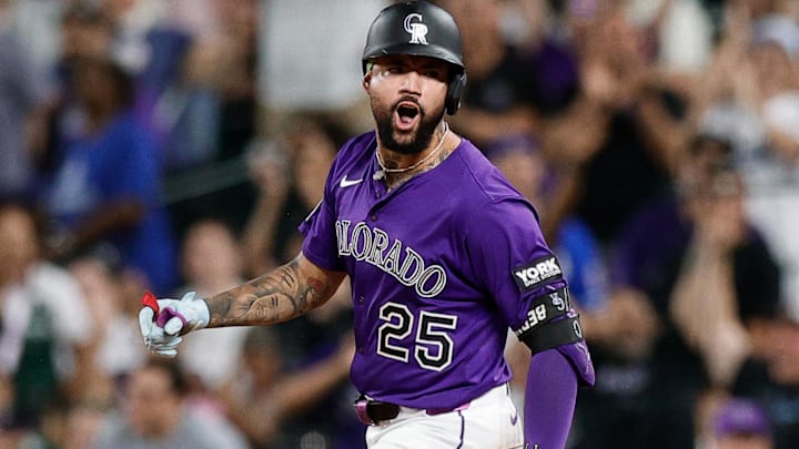 Aug 18, 2025; Denver, Colorado, USA; Colorado Rockies first baseman Warming Bernabel (25) reacts a walk off RBI single in the ninth inning against the Los Angeles Dodgers at Coors Field Aug 18, 2025; Denver, Colorado, USA; Colorado Rockies first baseman Warming Bernabel (25) reacts a walk off RBI single in the ninth inning against the Los Angeles Dodgers at Coors Field