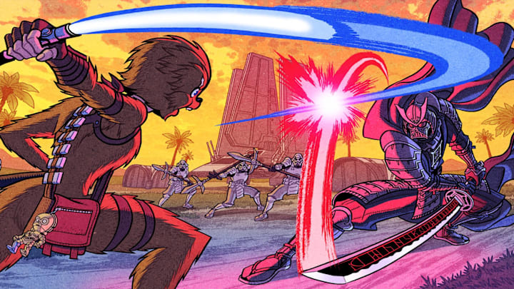 A loading screen from Fortnite depicting a demale Wookiee swordfighting with a samurai version of Darth Vader.