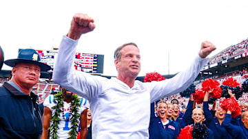 Oct 25, 2025; Norman, Oklahoma, USA;  Ole Miss Rebels head coach Lane Kiffin celebrates with fans after the game against the Oklahoma Sooners at Gaylord Family-Oklahoma Memorial Stadium. Mandatory Credit: Kevin Jairaj-Imagn Images