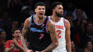 Nov 17, 2025; Miami, Florida, USA; Miami Heat center Kel'el Ware (7) reacts after scoring against the New York Knicks during the fourth quarter at Kaseya Center. Mandatory Credit: Sam Navarro-Imagn Images