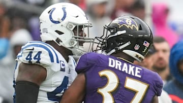 Indianapolis Colts linebacker Zaire Franklin (44) and Baltimore   s Kenyan Drake get in each other  