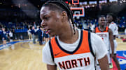 North's Amir Jenkins celebrates after the Polar Bears defeated Franklin, 59-53, during the D1 basketball state championship at the Tsongas Center in Lowell on Sunday.
