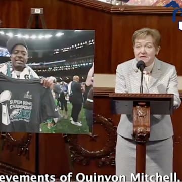 Ohio representative Marcy Kaptur shouts out Eagles cornerback Quinyon Mitchell.