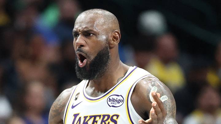 Apr 5, 2026; Dallas, Texas, USA;  Los Angeles Lakers forward LeBron James (23) reacts against the Dallas Mavericks during the second half at American Airlines Center. Mandatory Credit: Kevin Jairaj-Imagn Images