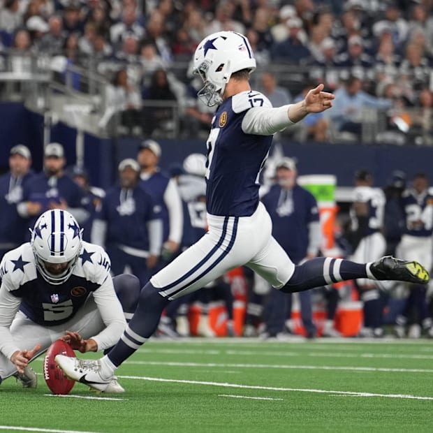Dallas Cowboys place kicker Brandon Aubrey kicks a field goal against the New York Giants.