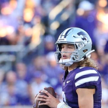 Aug 31, 2024; Manhattan, Kansas, USA; Kansas State Wildcats quarterback Avery Johnson (2) drops back to pass during the second quarter against the Tennessee-Martin Skyhawks at Bill Snyder Family Football Stadium. Mandatory Credit: Scott Sewell-USA TODAY Sports