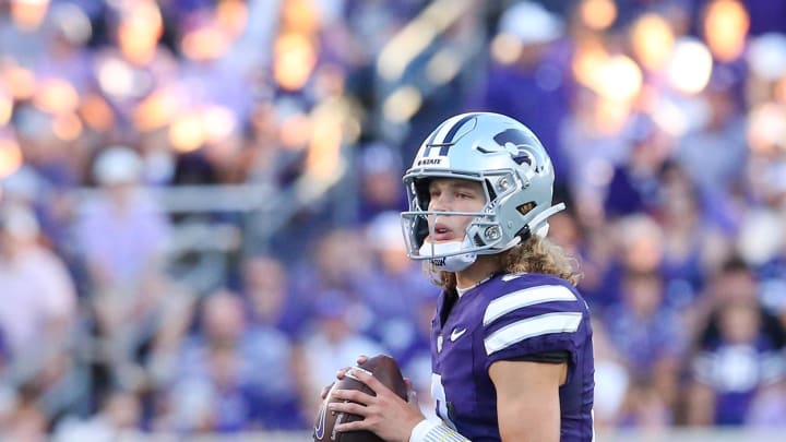 Aug 31, 2024; Manhattan, Kansas, USA; Kansas State Wildcats quarterback Avery Johnson (2) drops back to pass during the second quarter against the Tennessee-Martin Skyhawks at Bill Snyder Family Football Stadium. Mandatory Credit: Scott Sewell-USA TODAY Sports