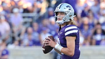 Aug 31, 2024; Manhattan, Kansas, USA; Kansas State Wildcats quarterback Avery Johnson (2) drops back to pass during the second quarter against the Tennessee-Martin Skyhawks at Bill Snyder Family Football Stadium. Mandatory Credit: Scott Sewell-Imagn Images