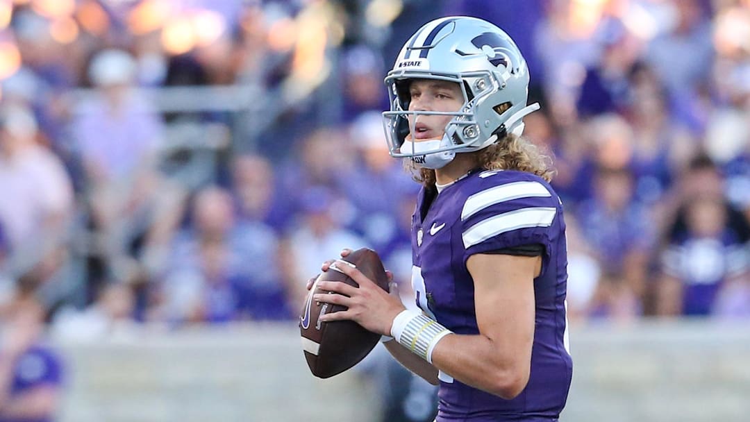 Aug 31, 2024; Manhattan, Kansas, USA; Kansas State Wildcats quarterback Avery Johnson (2) drops back to pass during the second quarter against the Tennessee-Martin Skyhawks at Bill Snyder Family Football Stadium. Mandatory Credit: Scott Sewell-Imagn Images