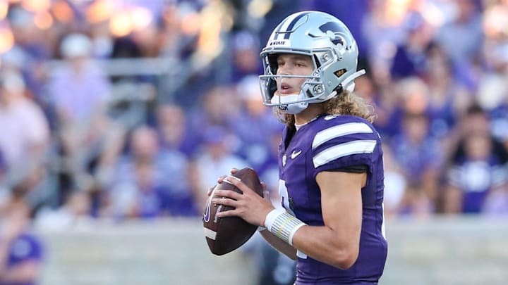 Aug 31, 2024; Manhattan, Kansas, USA; Kansas State Wildcats quarterback Avery Johnson (2) drops back to pass during the second quarter against the Tennessee-Martin Skyhawks at Bill Snyder Family Football Stadium. Mandatory Credit: Scott Sewell-Imagn Images