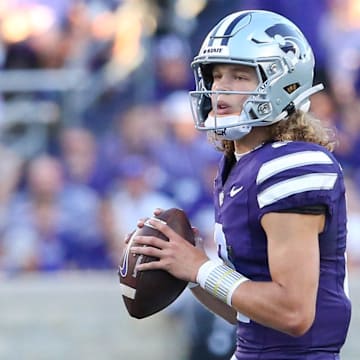 Aug 31, 2024; Manhattan, Kansas, USA; Kansas State Wildcats quarterback Avery Johnson (2) drops back to pass during the second quarter against the Tennessee-Martin Skyhawks at Bill Snyder Family Football Stadium. Mandatory Credit: Scott Sewell-Imagn Images