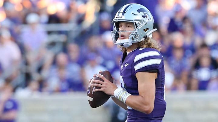 Aug 31, 2024; Manhattan, Kansas, USA; Kansas State Wildcats quarterback Avery Johnson (2) drops back to pass during the second quarter against the Tennessee-Martin Skyhawks at Bill Snyder Family Football Stadium. Mandatory Credit: Scott Sewell-Imagn Images