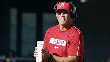Oct 5, 2024; Nashville, Tennessee, USA;  Alabama Crimson Tide head coach Kalen DeBoer reacts after a touchdown against the Vanderbilt Commodores during the first half at FirstBank Stadium. Mandatory Credit: Butch Dill-Imagn Images