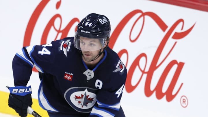 Oct 9, 2025; Winnipeg, Manitoba, CAN; Winnipeg Jets defenseman Josh Morrissey (44) skates up the ice during a game against the Dallas Stars in the third period at Canada Life Centre. Mandatory Credit: James Carey Lauder-Imagn Images Oct 9, 2025; Winnipeg, Manitoba, CAN; Winnipeg Jets defenseman Josh Morrissey (44) skates up the ice during a game against the Dallas Stars in the third period at Canada Life Centre. Mandatory Credit: James Carey Lauder-Imagn Images