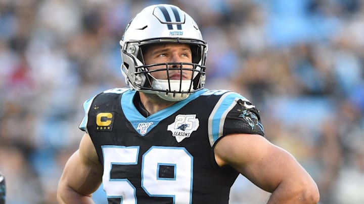 Dec 1, 2019; Charlotte, NC, USA; Carolina Panthers middle linebacker Luke Kuechly (59) on the field in the third quarter at Bank of America Stadium. Mandatory Credit: Bob Donnan-Imagn Images Dec 1, 2019; Charlotte, NC, USA; Carolina Panthers middle linebacker Luke Kuechly (59) on the field in the third quarter at Bank of America Stadium. Mandatory Credit: Bob Donnan-Imagn Images