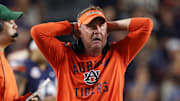 Oct 18, 2025; Auburn, Alabama, USA;  Auburn Tigers head coach Hugh Freeze reacts after a play during the fourth quarter against the Missouri Tigers at Jordan-Hare Stadium.  Mandatory Credit: John Reed-Imagn Images