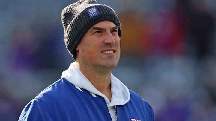 Dec 21, 2025; East Rutherford, New Jersey, USA; Former New York Giants head coach Mike Kafka (Interim) and wide receivers coach Mike Groh before the game at MetLife Stadium.